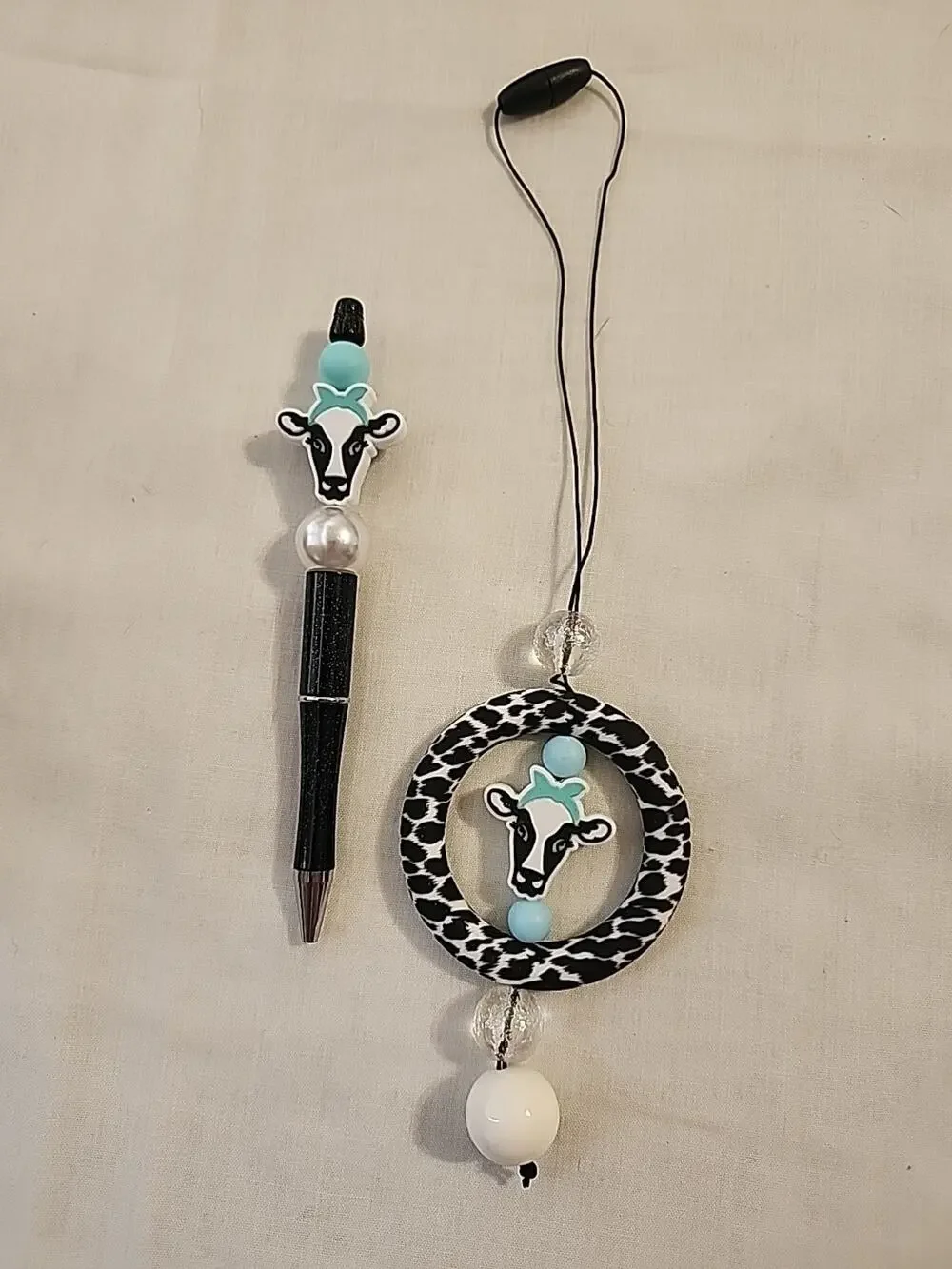 Car Charm For Rear View & Bed Pen Combo Cow Print Black & White Blue